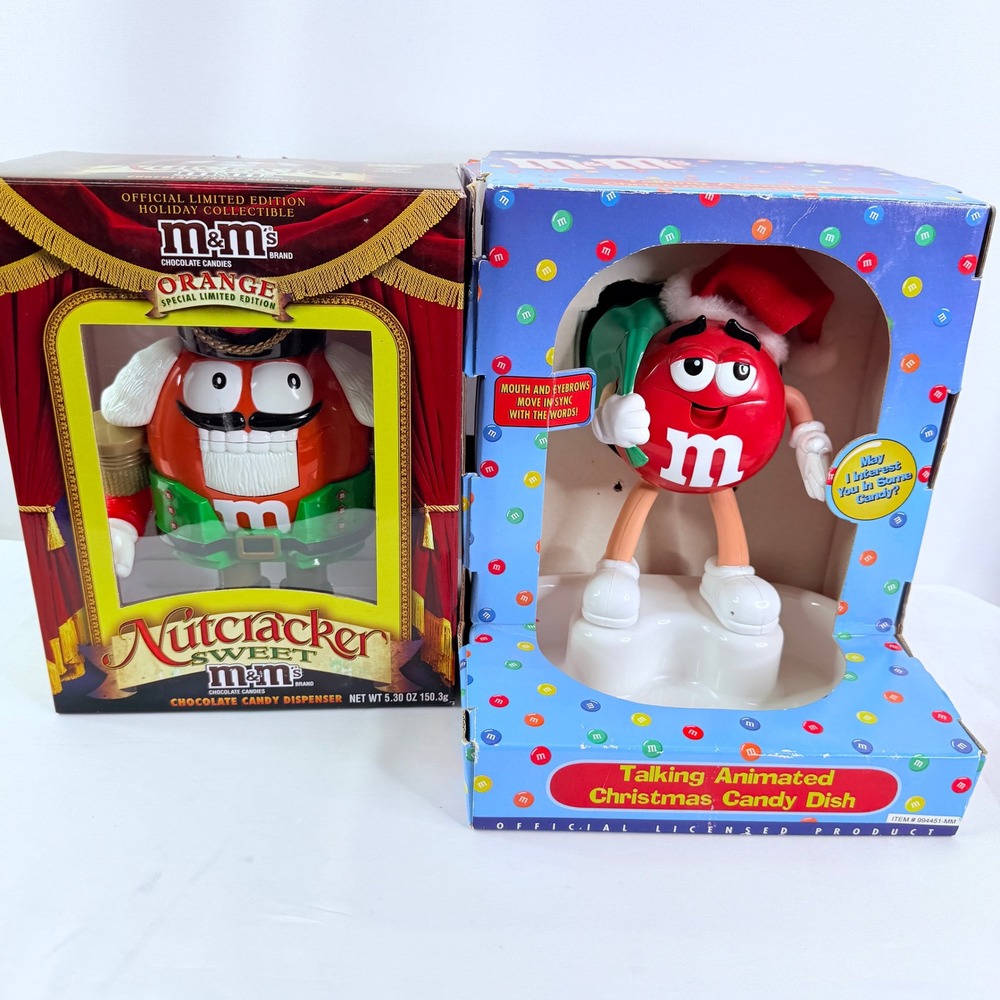 M&M's Nutcracker Sweet Orange Dispenser & Talking Animated Red Candy Dish Lot